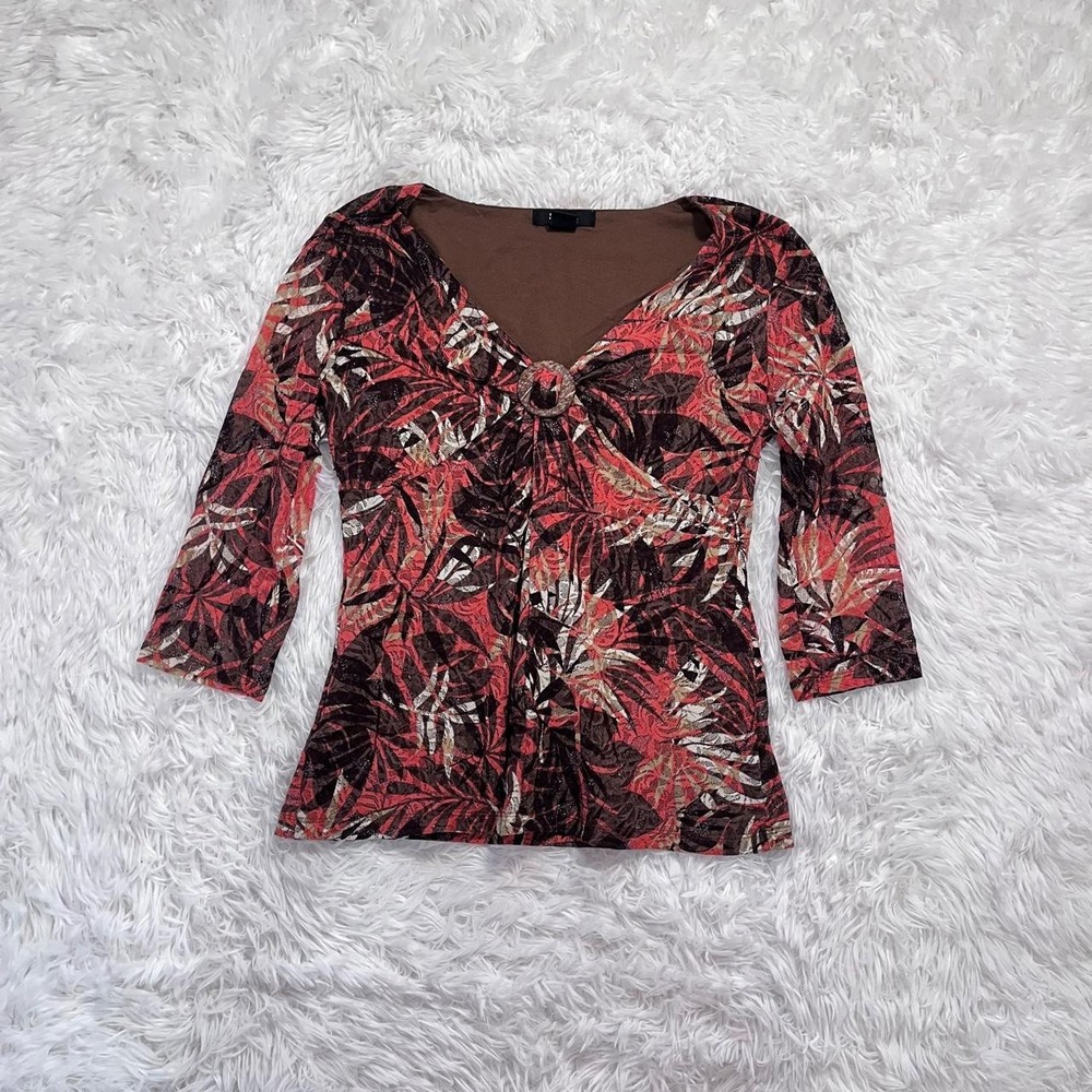 y2k red & brown floral print sparkle cinched baby doll bell sleeve top medium